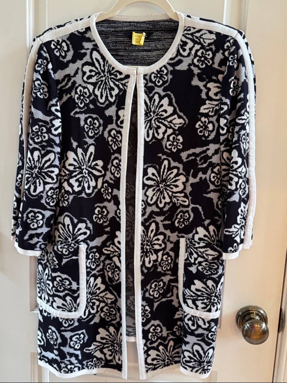 Misook Black & White Floral Open-Front Cardigan